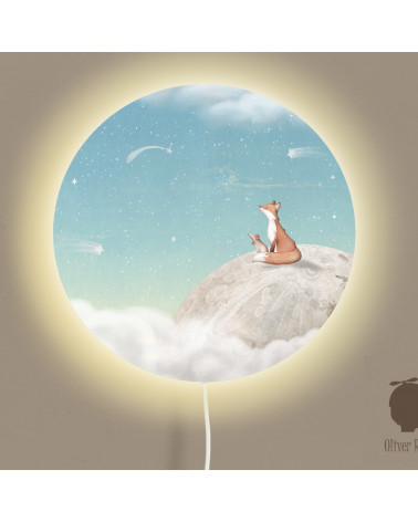 Applique murale ronde - Renard sur la Lune - fond turquoise