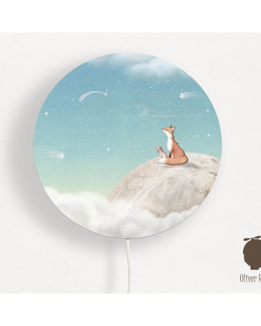 Applique murale ronde - Renard sur la Lune - fond turquoise