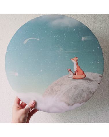 Applique murale ronde - Renard sur la Lune - fond turquoise