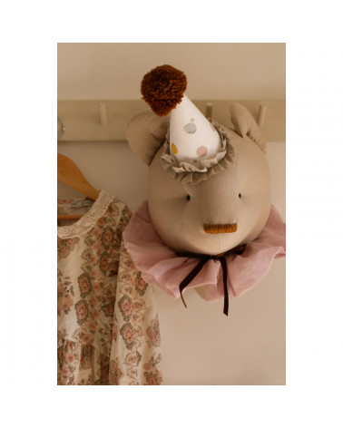 Trophée ours en lin - beige avec col rose poudré