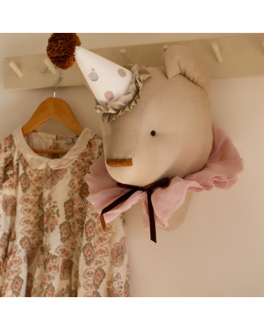 Trophée ours en lin - beige avec col rose poudré