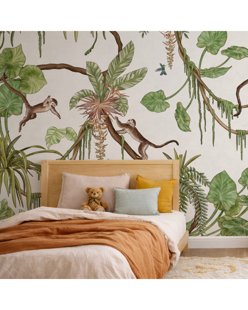 Papier peint enfant Playful Monkeys - White