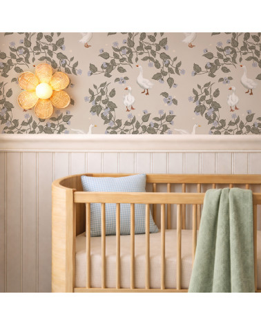 Papier peint enfant  - Jardin des Oies - Fond Gris Serein