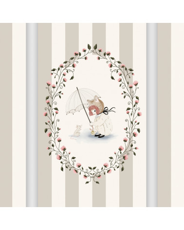 Papier Peint enfant - Fille au Parapluie Fond Rayé