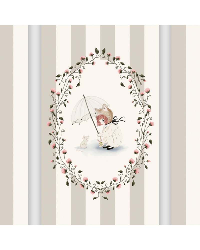 Papier Peint enfant - Fille au Parapluie Fond Rayé