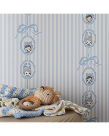 Papier peint enfant - Mini Portrait Noeud Vintage Bleu Ciel
