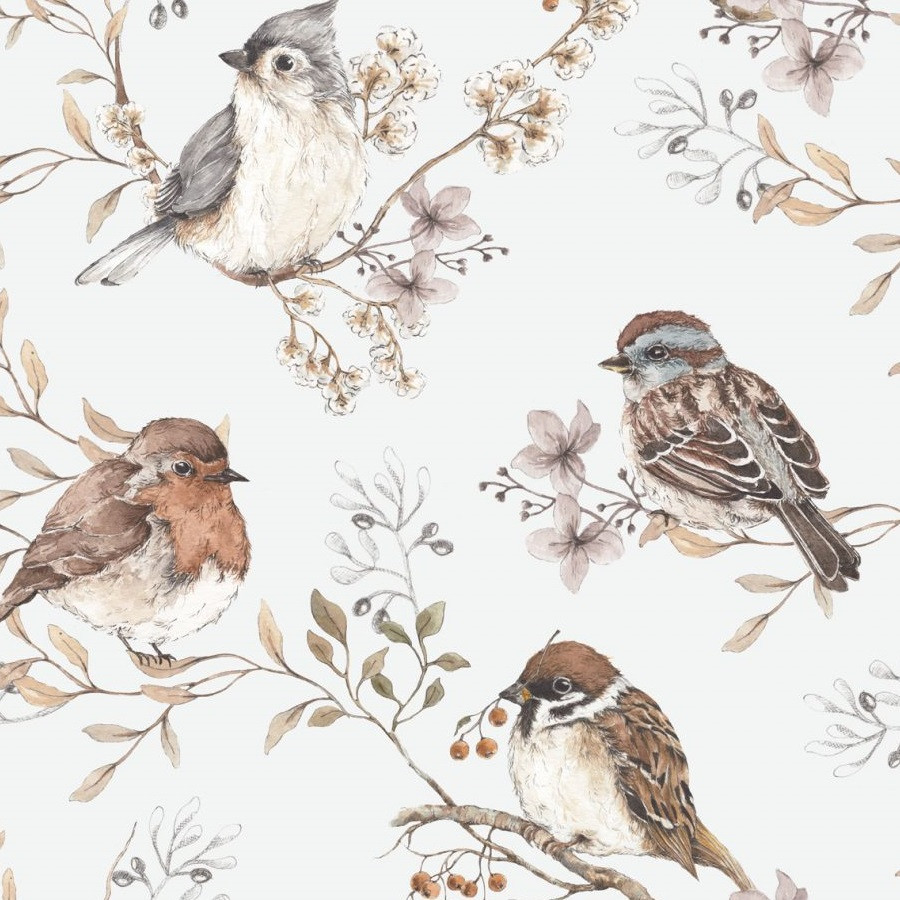 papier peint oiseaux sur ciel blanc gris feuilles dekornik -petit bison