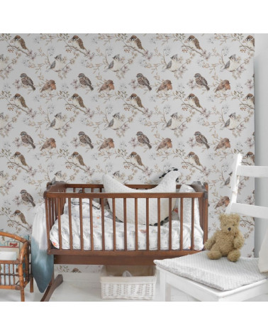 Papier peint Oiseaux sur ciel blanc gris