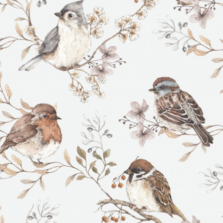 Echantillon papier peint - Oiseaux sur ciel blanc gris